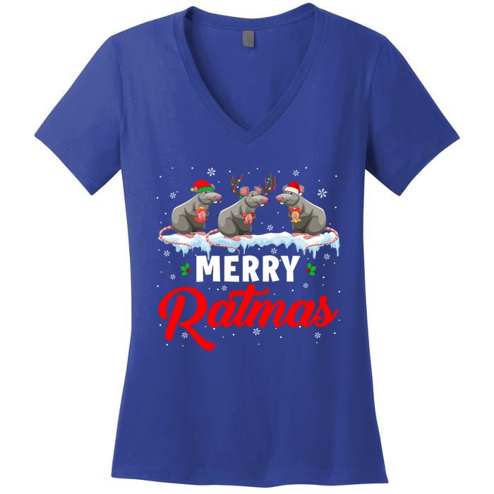 Merry Ratmas Funny Santa Elf Reindeer Rat Christmas Light Gift Women's V-Neck T-Shirt