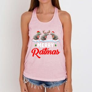 Merry Ratmas Funny Santa Elf Reindeer Rat Christmas Light Gift Women's Knotted Racerback Tank