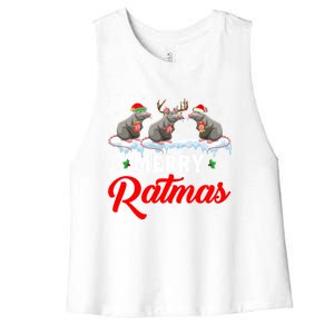 Merry Ratmas Funny Santa Elf Reindeer Rat Christmas Light Gift Women's Racerback Cropped Tank