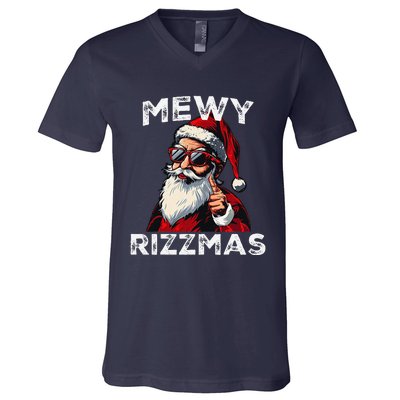 Mewy Rizzmas Funny Santa Mewing Joke Rizz Christmas V-Neck T-Shirt