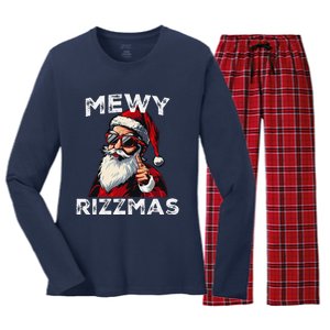 Mewy Rizzmas Funny Santa Mewing Joke Rizz Christmas Women's Long Sleeve Flannel Pajama Set 