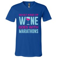 Marathon Running Funny What Kind Of Wine Goes With Marathons Cool Gift V-Neck T-Shirt