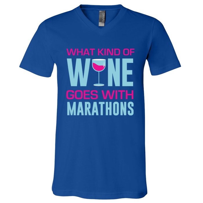 Marathon Running Funny What Kind Of Wine Goes With Marathons Cool Gift V-Neck T-Shirt