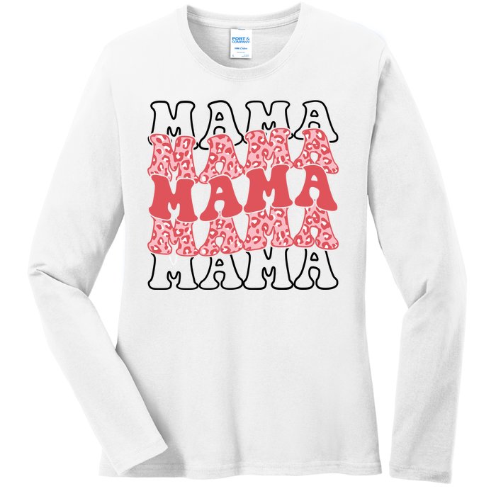 Mama Retro Groovy Cheetah Gift Ladies Long Sleeve Shirt