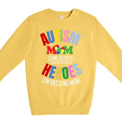 Mom Raising Hero Puzzle Heart Autism Awareness Mothers Day Gift Premium Crewneck Sweatshirt