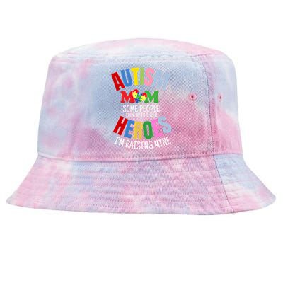 Mom Raising Hero Puzzle Heart Autism Awareness Mothers Day Gift Tie-Dyed Bucket Hat