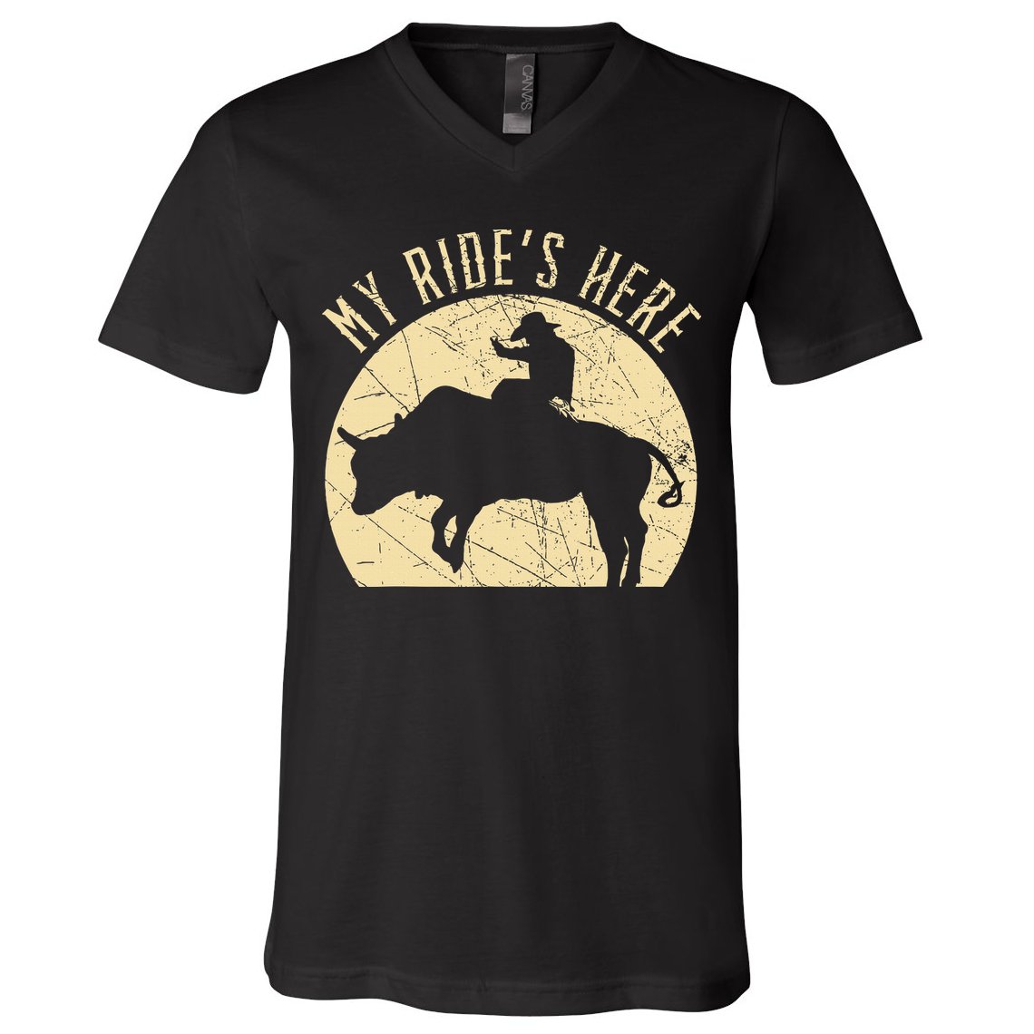 My RideS Here Bull Rider Cowboy Western Rodeo Bull Riding V-Neck T-Shirt
