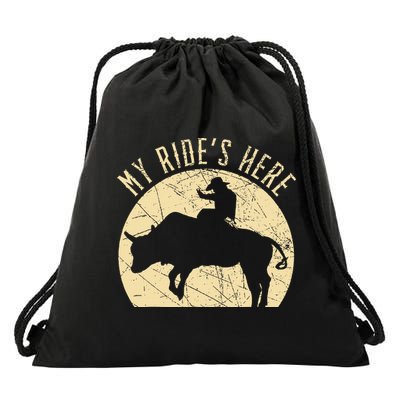 My RideS Here Bull Rider Cowboy Western Rodeo Bull Riding Drawstring Bag