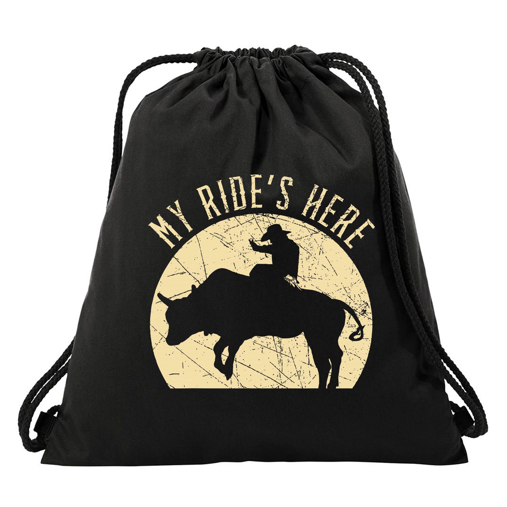 My RideS Here Bull Rider Cowboy Western Rodeo Bull Riding Drawstring Bag