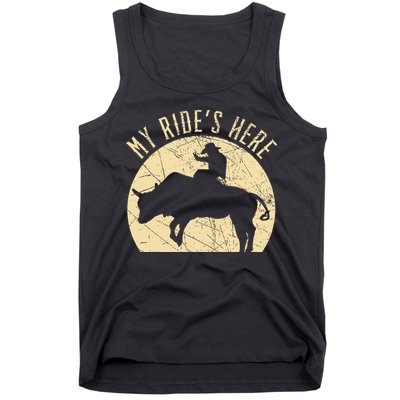 My RideS Here Bull Rider Cowboy Western Rodeo Bull Riding Tank Top