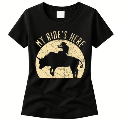 My RideS Here Bull Rider Cowboy Western Rodeo Bull Riding Womens T-Shirt