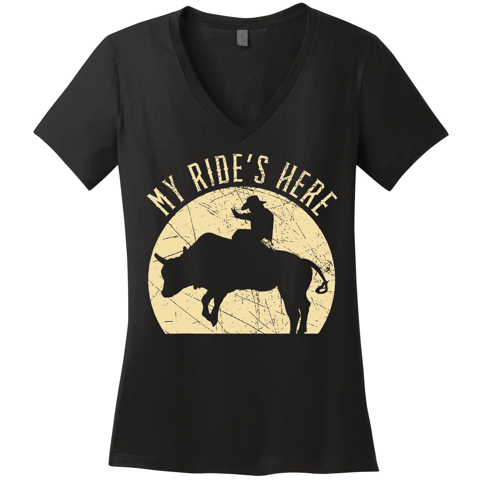 My RideS Here Bull Rider Cowboy Western Rodeo Bull Riding Women's V-Neck T-Shirt
