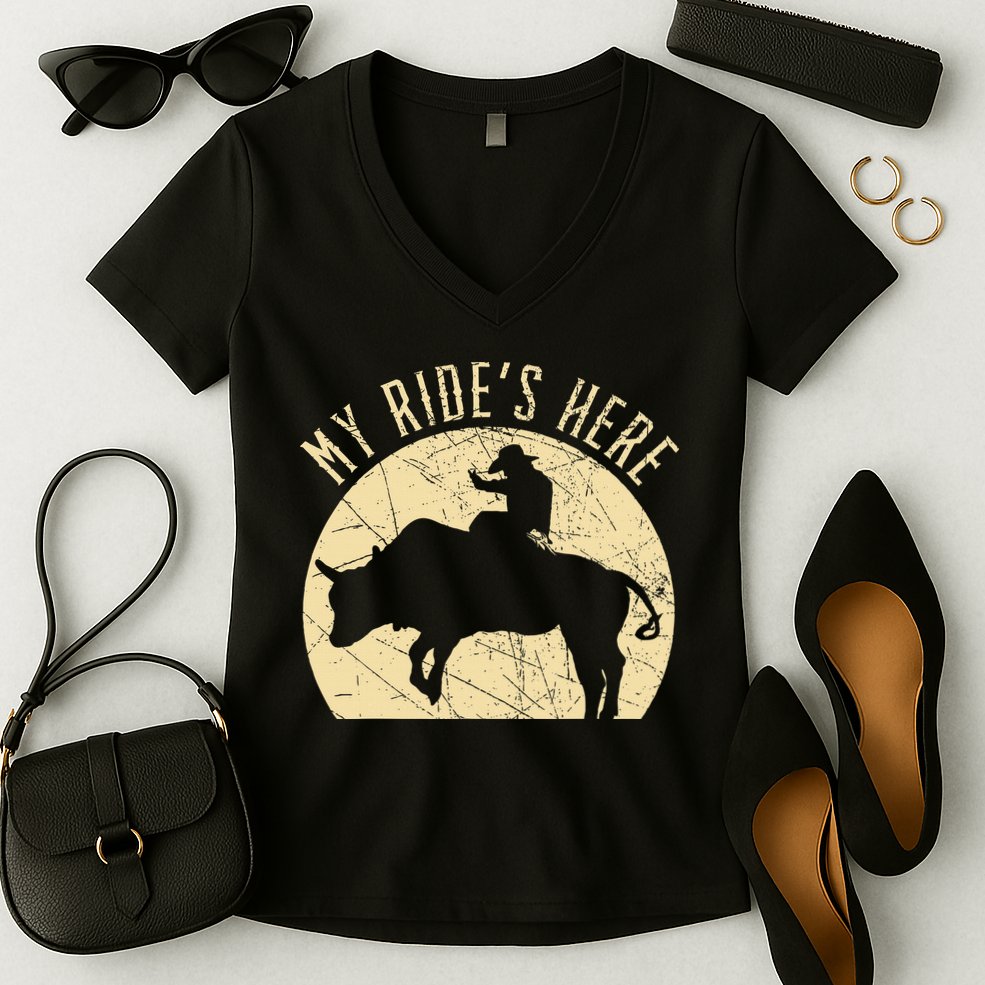My RideS Here Bull Rider Cowboy Western Rodeo Bull Riding Women's V-Neck T-Shirt