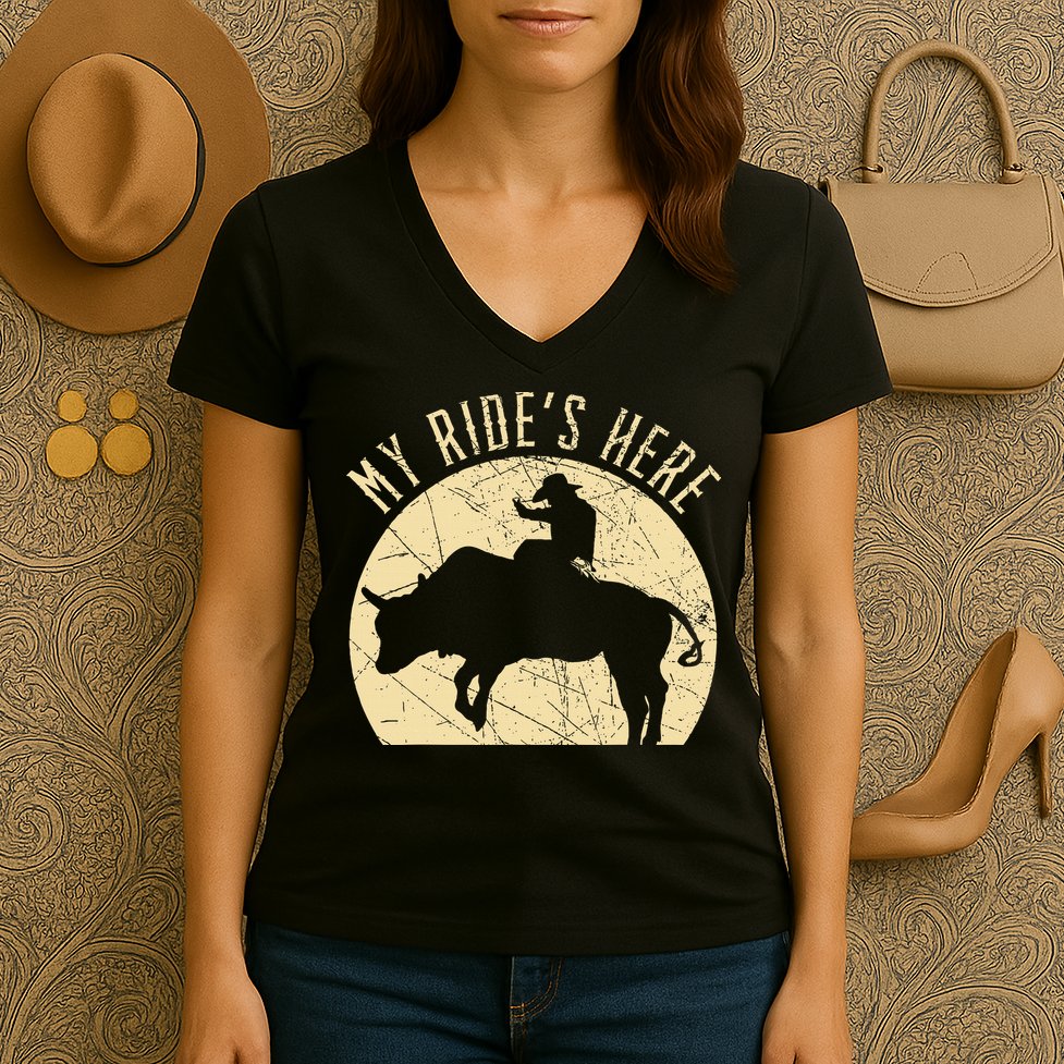 My RideS Here Bull Rider Cowboy Western Rodeo Bull Riding Women's V-Neck T-Shirt