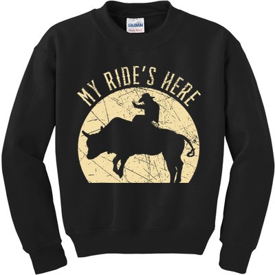 My RideS Here Bull Rider Cowboy Western Rodeo Bull Riding Kids Sweatshirt