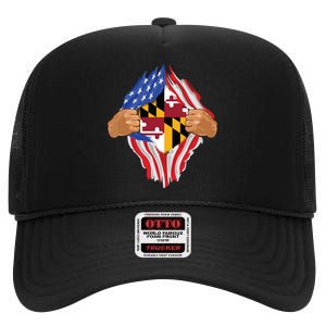 Maryland Roots Inside State Flag American Proud High Crown Mesh Back Trucker Hat