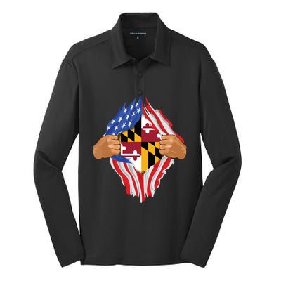 Maryland Roots Inside State Flag American Proud Silk Touch Performance Long Sleeve Polo