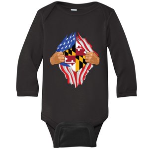 Maryland Roots Inside State Flag American Proud Baby Long Sleeve Bodysuit