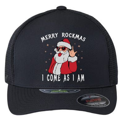 Merry Rockmas I Come As I Am Funny Santa Claus Rock And Roll Gift Flexfit Unipanel Trucker Cap