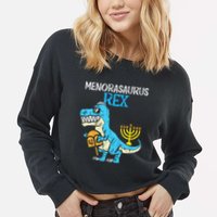 Menorasaurus Rex Jew Dino Trex Hanukkah Cropped Pullover Crew
