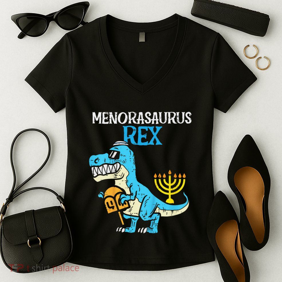 Menorasaurus Rex Jew Dino Trex Hanukkah Women's V-Neck T-Shirt