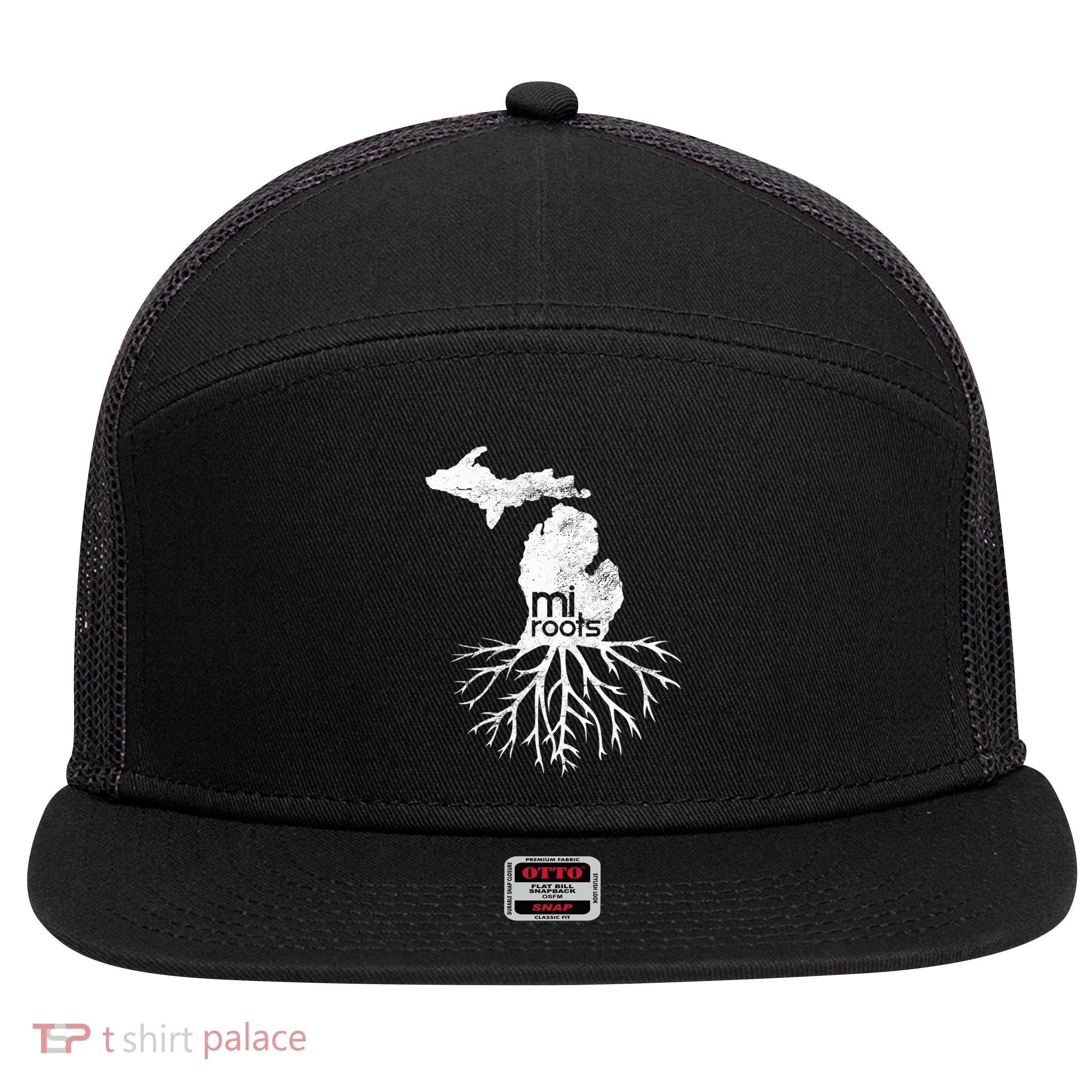Mi Roots Michigan Map Native Michigander Gift Home State Gift 7 Panel Mesh Trucker Snapback Hat