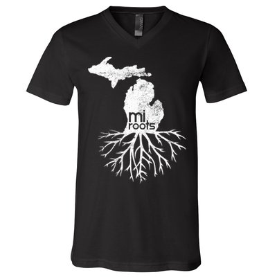 Mi Roots Michigan Map Native Michigander Gift Home State Gift V-Neck T-Shirt