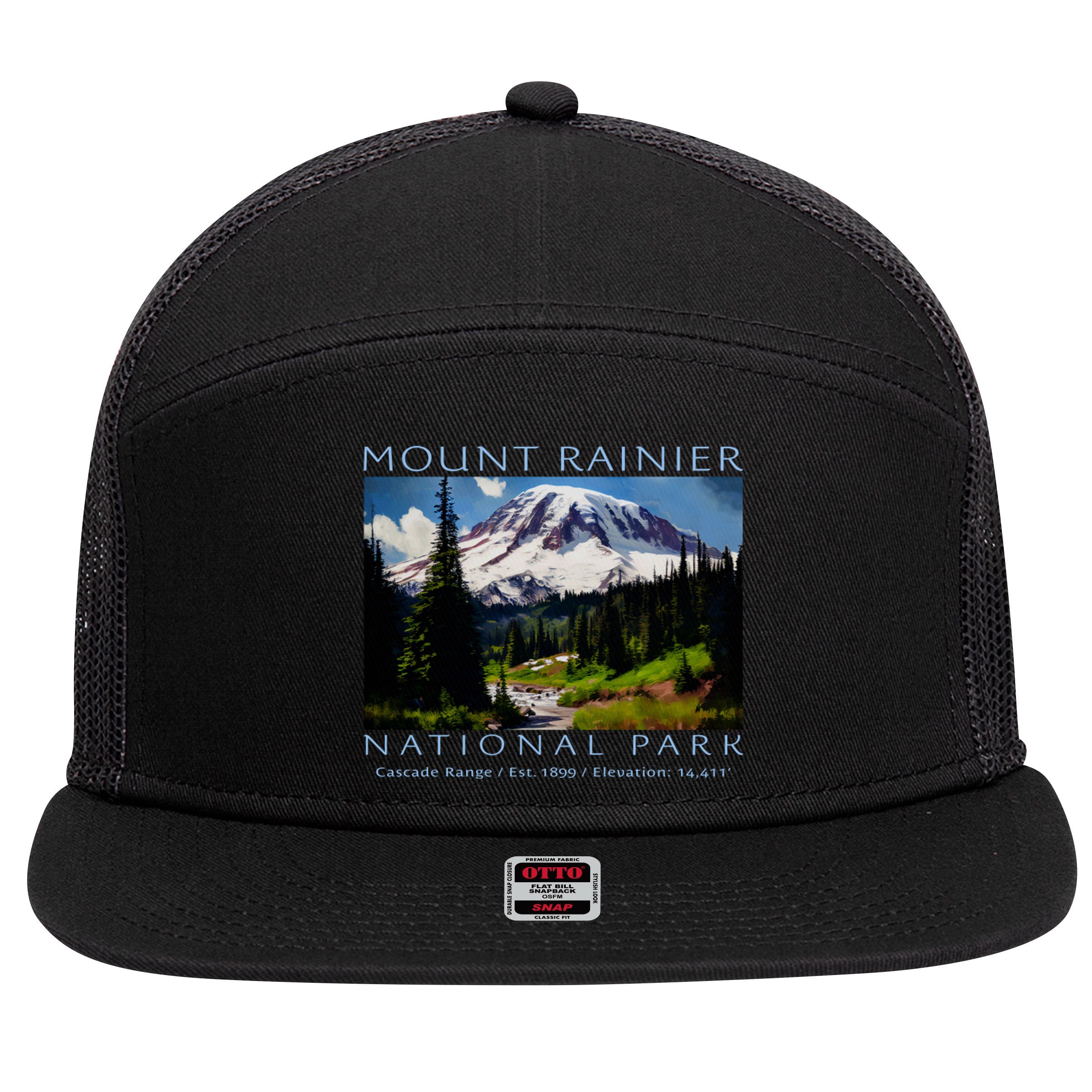 Mount Rainier National Park 7 Panel Mesh Trucker Snapback Hat