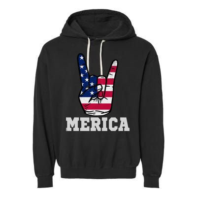 Merica Rock On Rock Sign Usa American Flag 4th Of July Garment-Dyed Fleece Hoodie