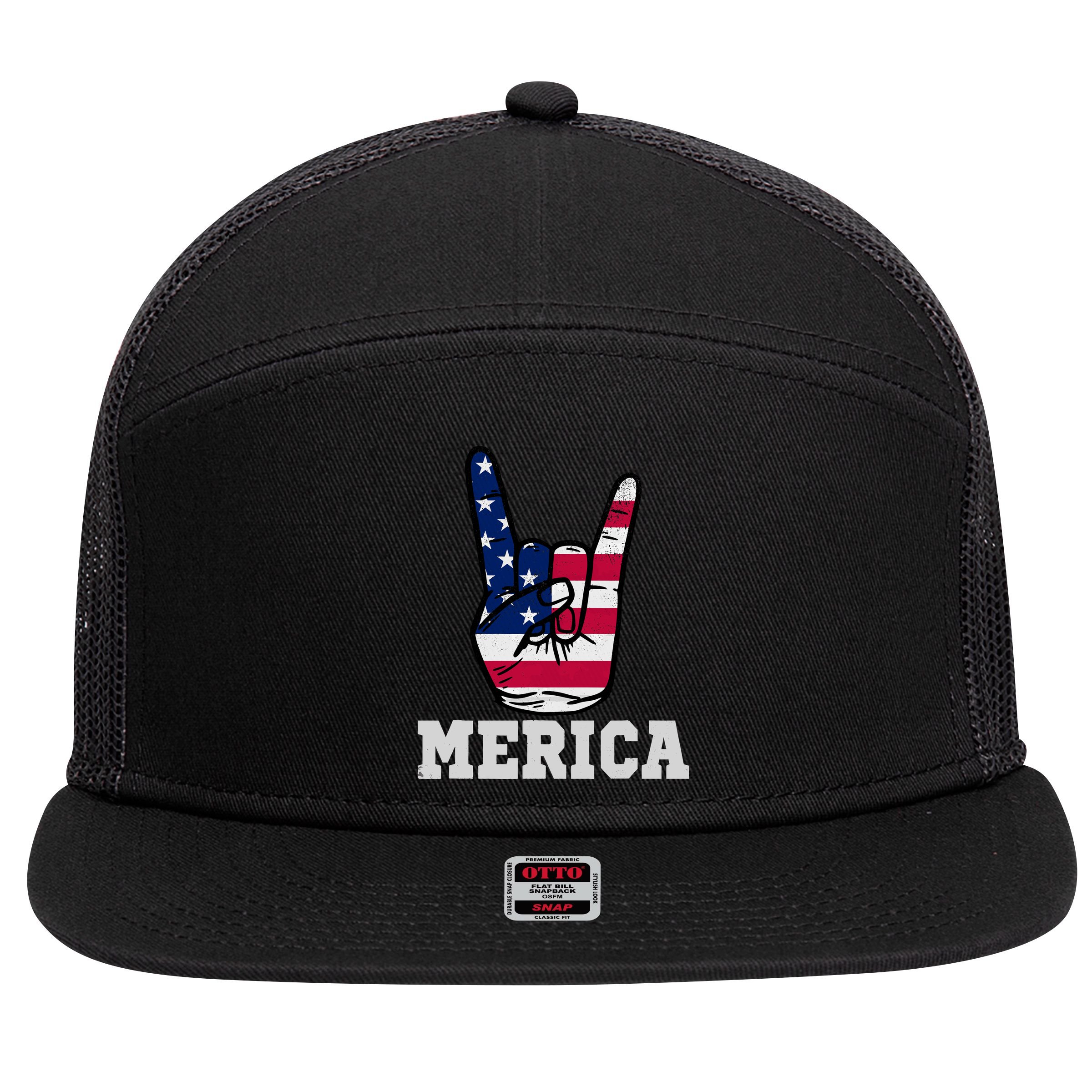 Merica Rock On Rock Sign Usa American Flag 4th Of July 7 Panel Mesh Trucker Snapback Hat