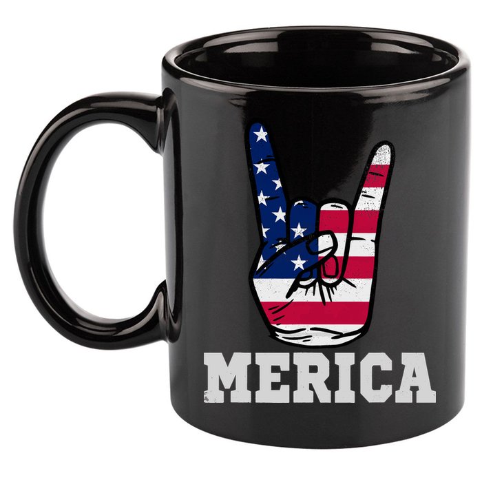 Merica Rock On Rock Sign Usa American Flag 4th Of July 11oz C Handle Ceramic Mug