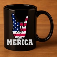 Merica Rock On Rock Sign Usa American Flag 4th Of July 11oz C Handle Ceramic Mug