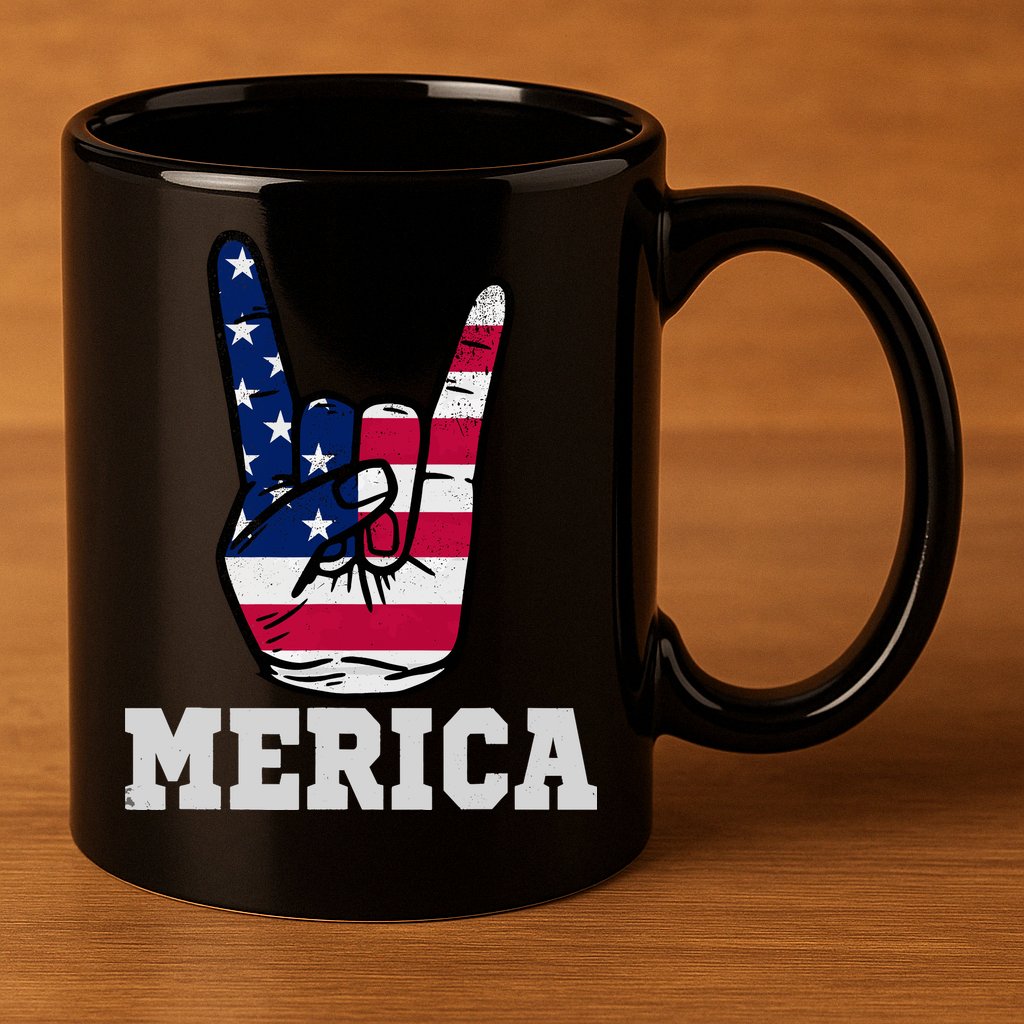 Merica Rock On Rock Sign Usa American Flag 4th Of July 11oz C Handle Ceramic Mug
