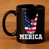 Merica Rock On Rock Sign Usa American Flag 4th Of July 11oz C Handle Ceramic Mug