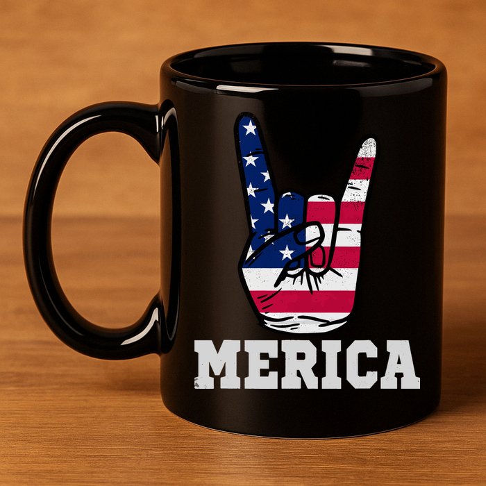 Merica Rock On Rock Sign Usa American Flag 4th Of July 11oz C Handle Ceramic Mug