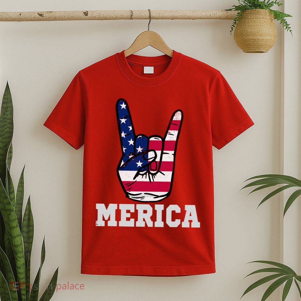 Merica Rock On Rock Sign Usa American Flag 4th Of July T-Shirt
