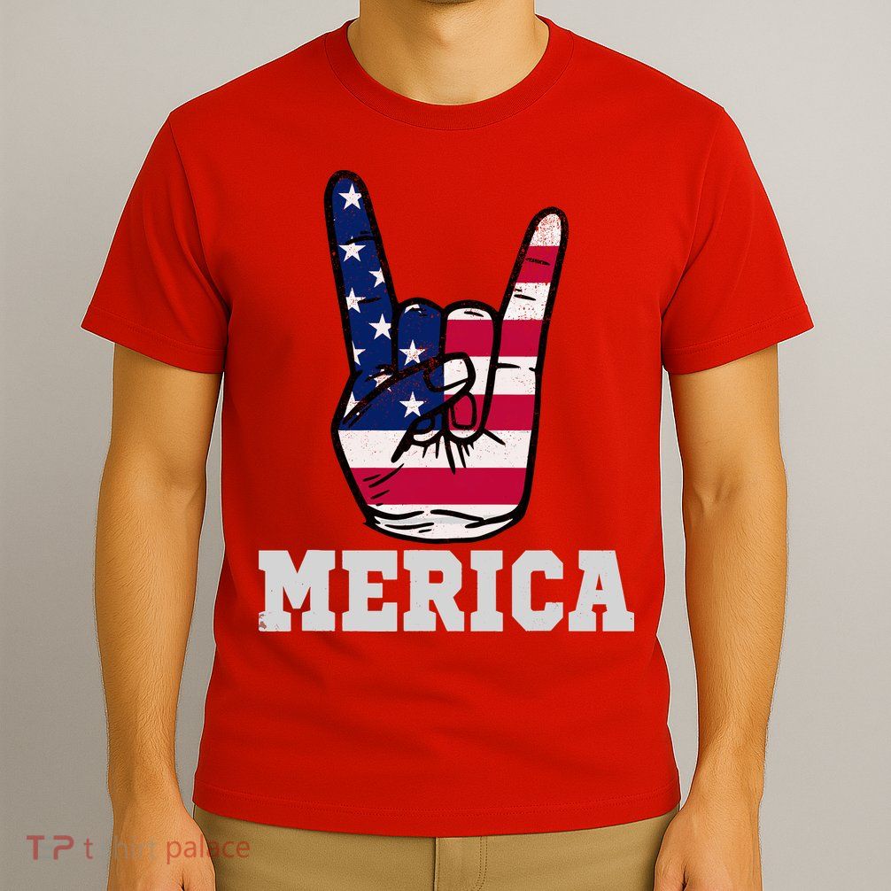 Merica Rock On Rock Sign Usa American Flag 4th Of July T-Shirt