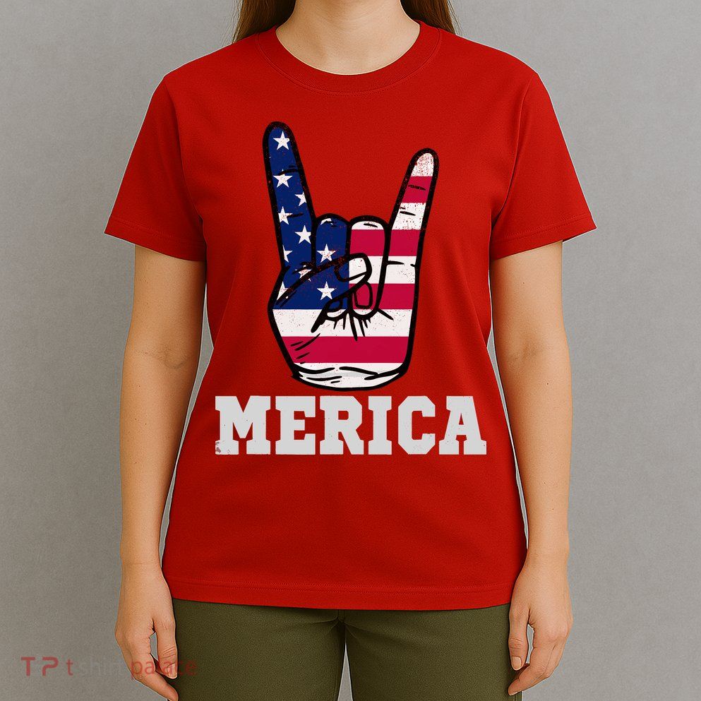 Merica Rock On Rock Sign Usa American Flag 4th Of July T-Shirt