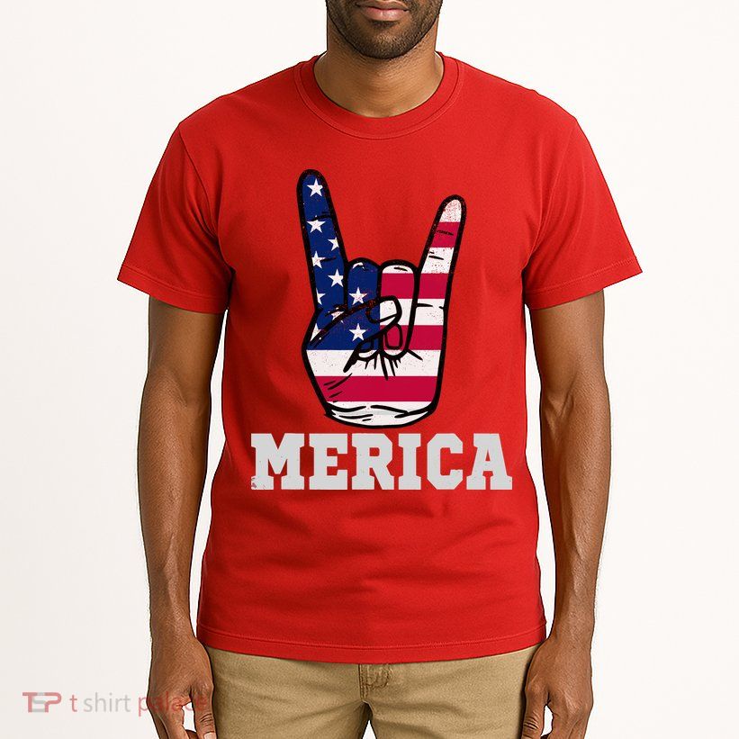 Merica Rock On Rock Sign Usa American Flag 4th Of July Tall T-Shirt