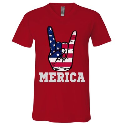 Merica Rock On Rock Sign Usa American Flag 4th Of July V-Neck T-Shirt