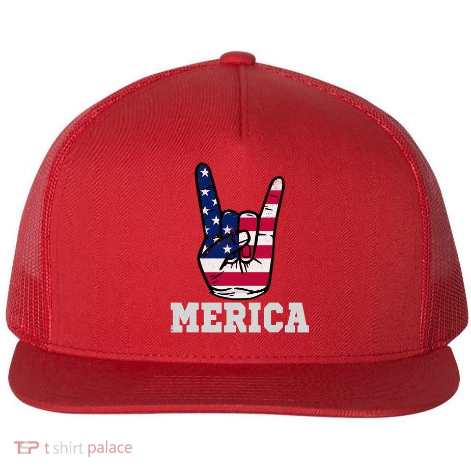 Merica Rock On Rock Sign Usa American Flag 4th Of July Flatbill Hat