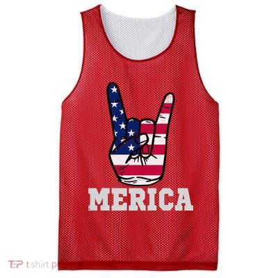 Merica Rock On Rock Sign Usa American Flag 4th Of July Mesh Reversible Basketball Jersey Tank