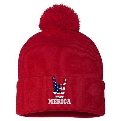 Merica Rock On Rock Sign Usa American Flag 4th Of July Pom Pom 12in Knit Beanie