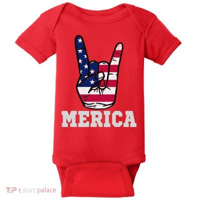 Merica Rock On Rock Sign Usa American Flag 4th Of July Baby Bodysuit