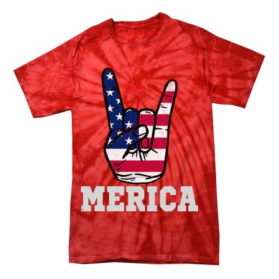 Merica Rock On Rock Sign Usa American Flag 4th Of July Tie-Dye T-Shirt
