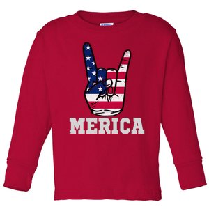 Merica Rock On Rock Sign Usa American Flag 4th Of July Toddler Long Sleeve Shirt