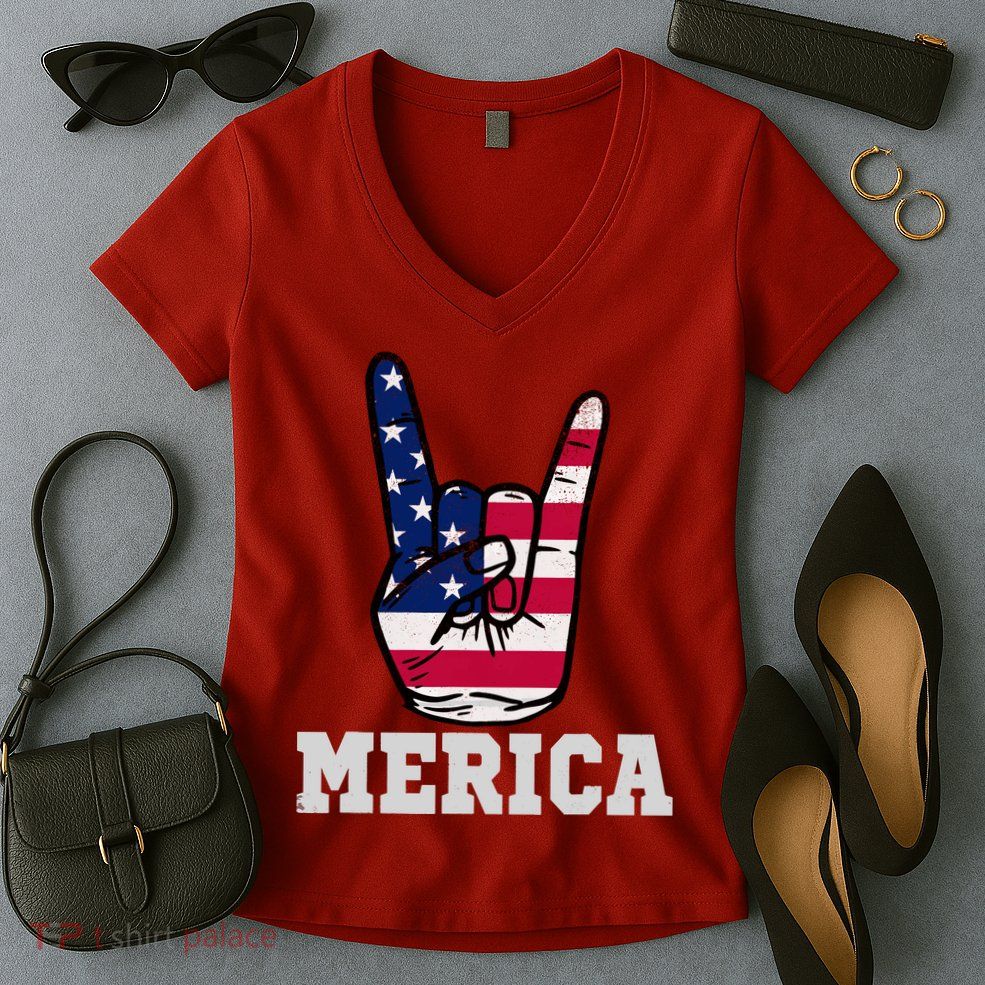 Merica Rock On Rock Sign Usa American Flag 4th Of July Women's V-Neck T-Shirt