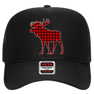 Moose Red Plaid Buffalo Matching Pajama High Crown Mesh Back Trucker Hat