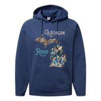 Michigan Rocks Petoskey Stone Hunting Great Lakes State Performance Fleece Hoodie