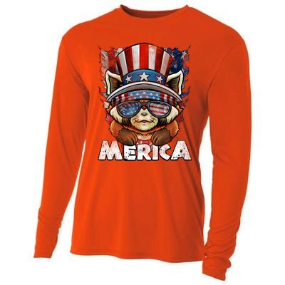 Merica Red Panda Celebrate Independence Us Flag 4th Of July Funny Gift Cooling Performance Long Sleeve Crew